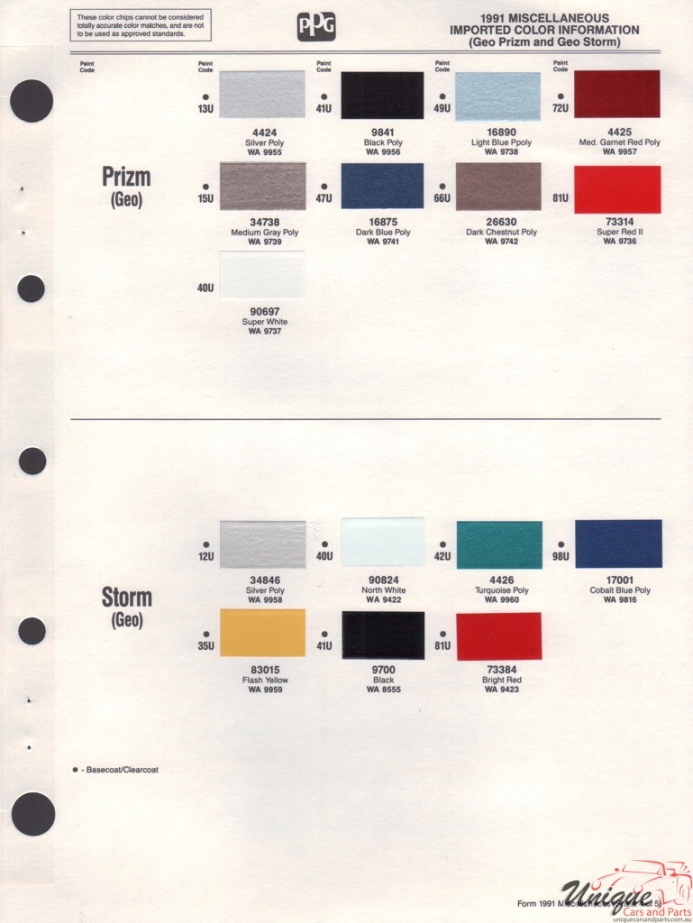 1991 GM GEO Paint Charts PPG 2